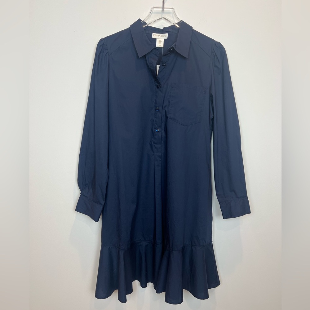 Cynthia Rowley Navy 100% Cotton Pop Over Front Button Ruffle Hem Dress Sz Medium